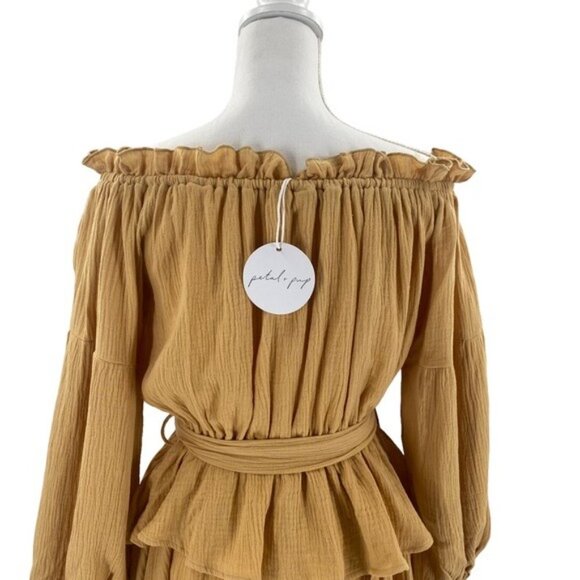 Petal & Pup NEW Callie Off the Shoulder Gauzy Ruffle Mini Dress Yellow Size L - Picture 8 of 11